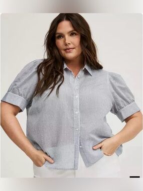 Torrid Rhinestone Button-Up Blouse Top Striped Blue White Size 1X NEW